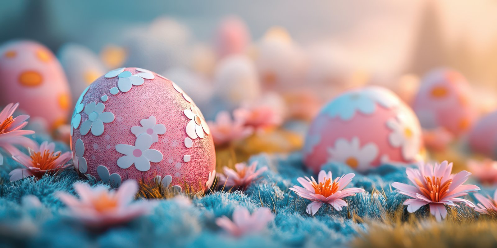 Brightly colored Easter eggs surrounded by delicate flowers in a serene garden setting during springtime